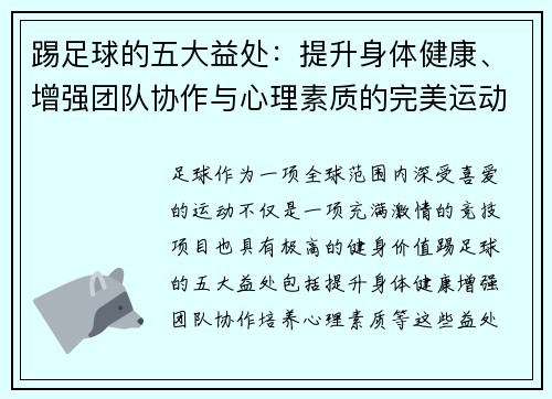 踢足球的五大益处：提升身体健康、增强团队协作与心理素质的完美运动